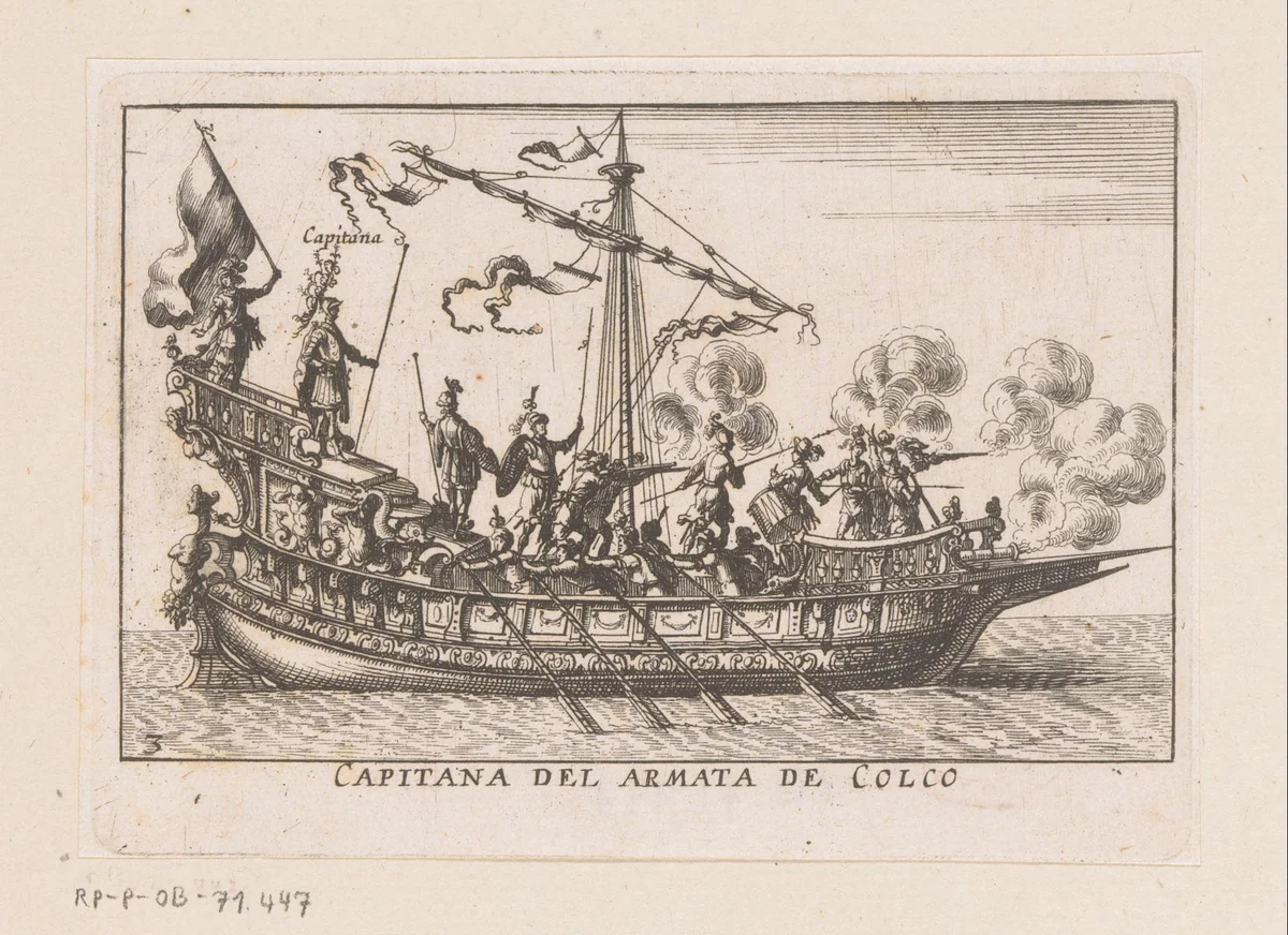 Schip met soldaten met schietende geweren en de kapitein op het achtersteven by anonymous, print, 1635