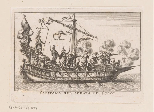Schip met soldaten met schietende geweren en de kapitein op het achtersteven by anonymous, print, 1635