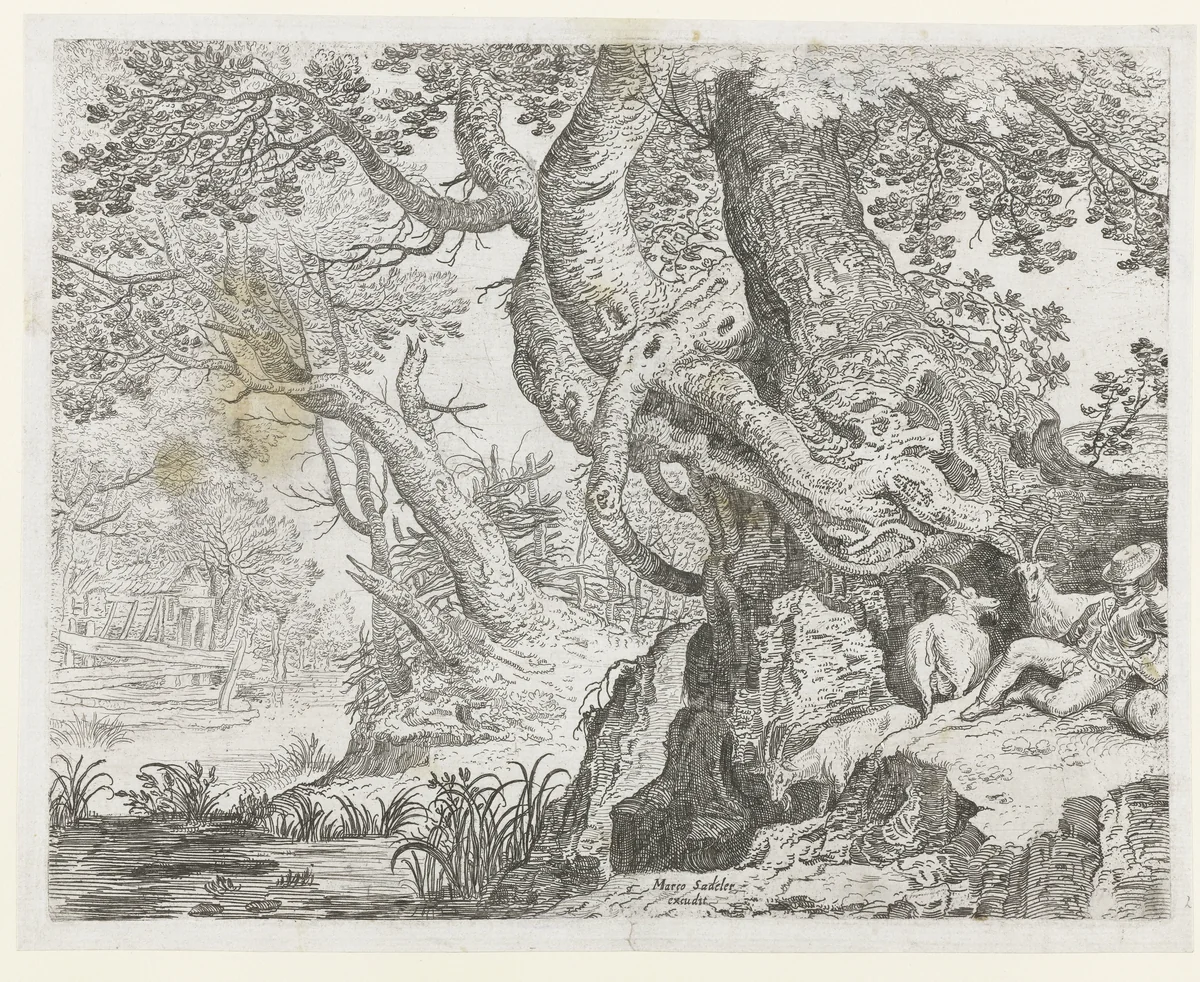 Slapende herder bij een grote boom by Roelant Savery, print, 1624-1639