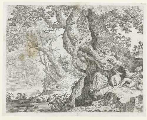 Slapende herder bij een grote boom by Roelant Savery, print, 1624-1639