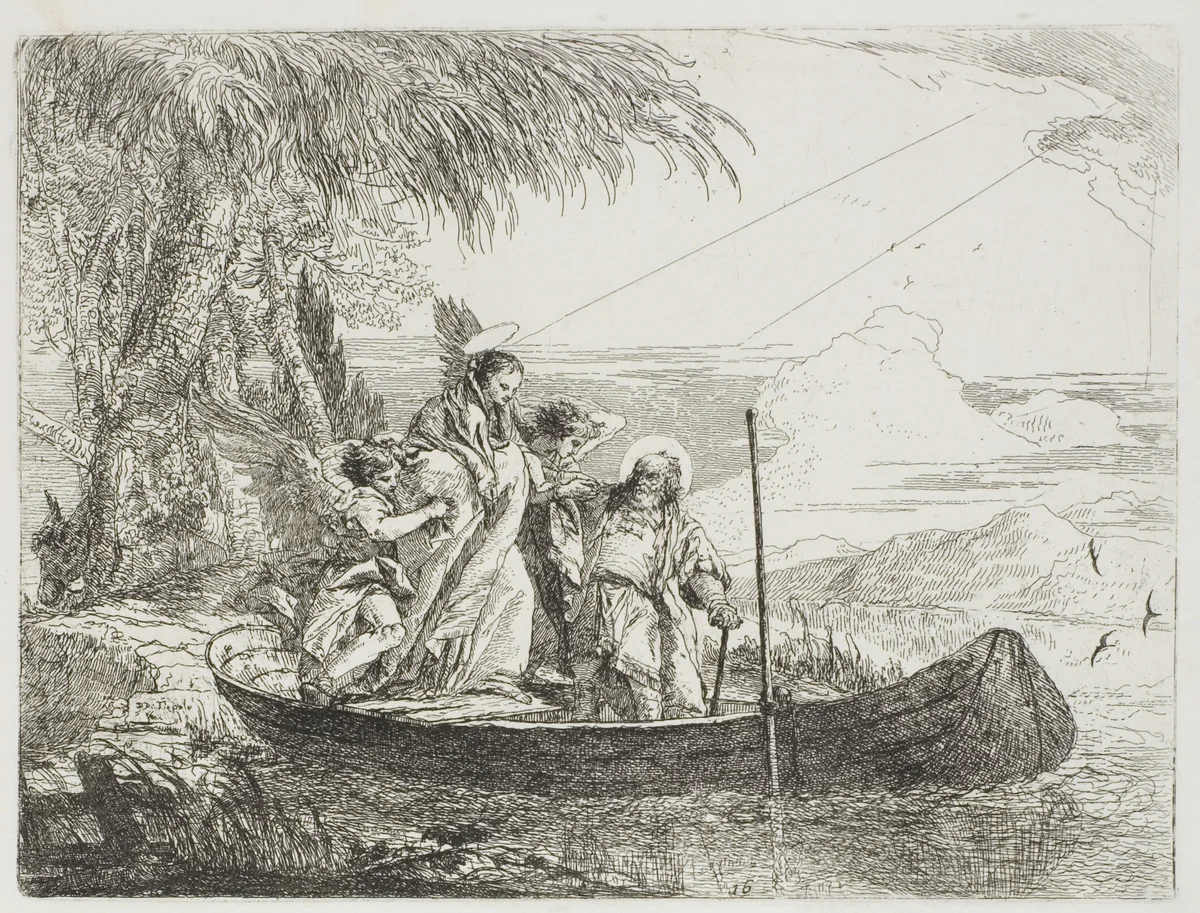 The Holy Family Entering the Boat with the Help of the Angels, plate sixteen from The Flight into Egypt by Giovanni Domenico Tiepolo, print, 1753
