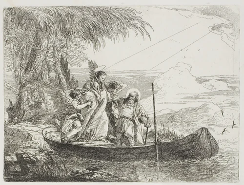 The Holy Family Entering the Boat with the Help of the Angels, plate sixteen from The Flight into Egypt by Giovanni Domenico Tiepolo, print, 1753