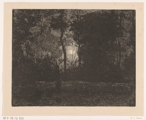 Figuur in een bos bij nacht by Anton L. Koster, print, 1869-1937