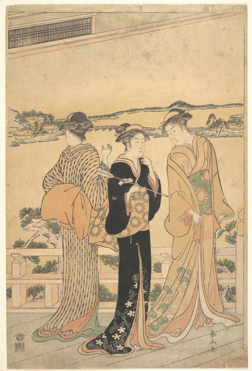 Three Women on a Veranda Overlooking a Bay by Katsukawa Shunzan, print, 1782-1798