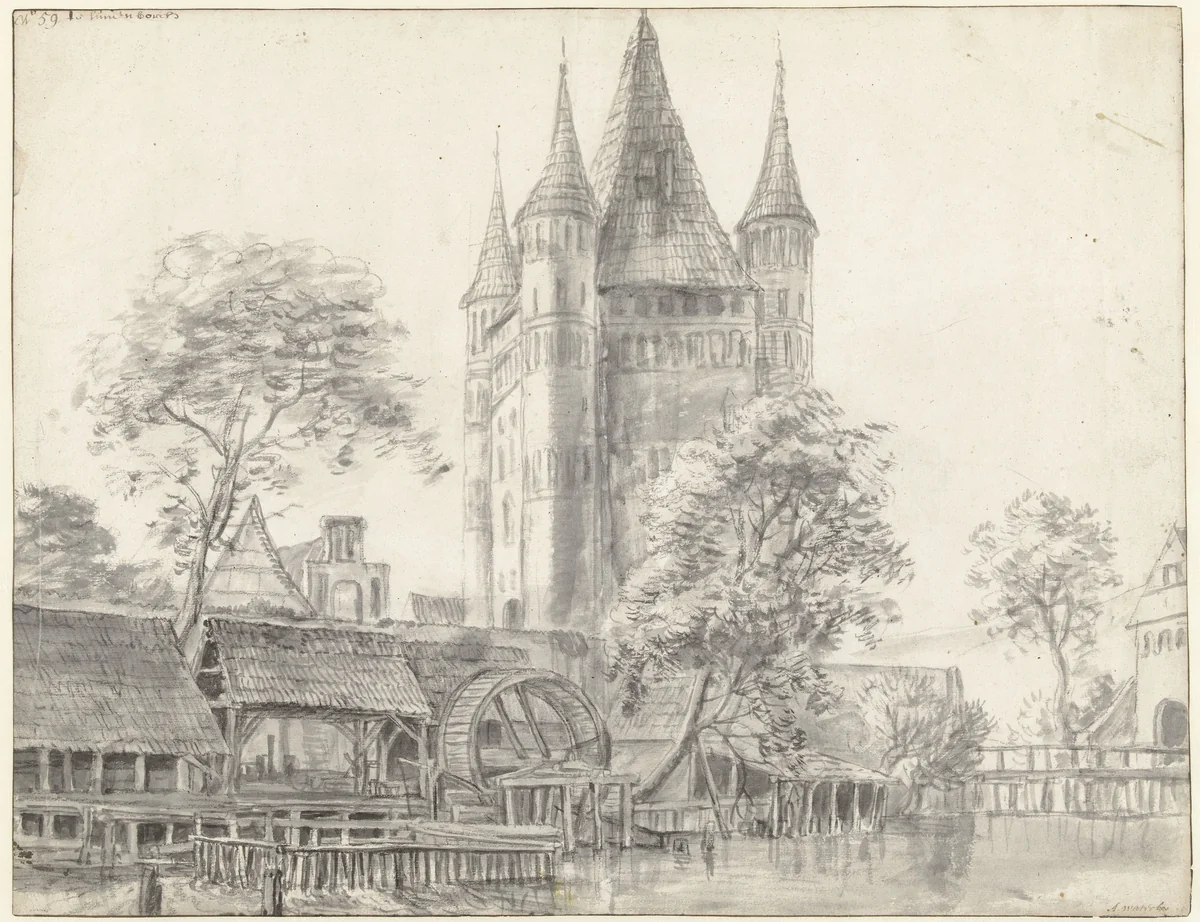 Stadspoort Altenbrücker Tor en watermolen te Lüneburg bij Hamburg by Anthonie Waterloo, drawing, 1619-1690