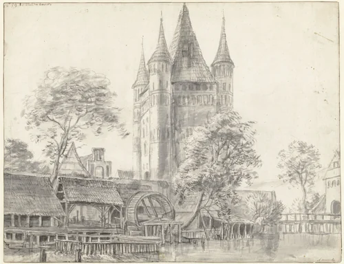 Stadspoort Altenbrücker Tor en watermolen te Lüneburg bij Hamburg by Anthonie Waterloo, drawing, 1619-1690