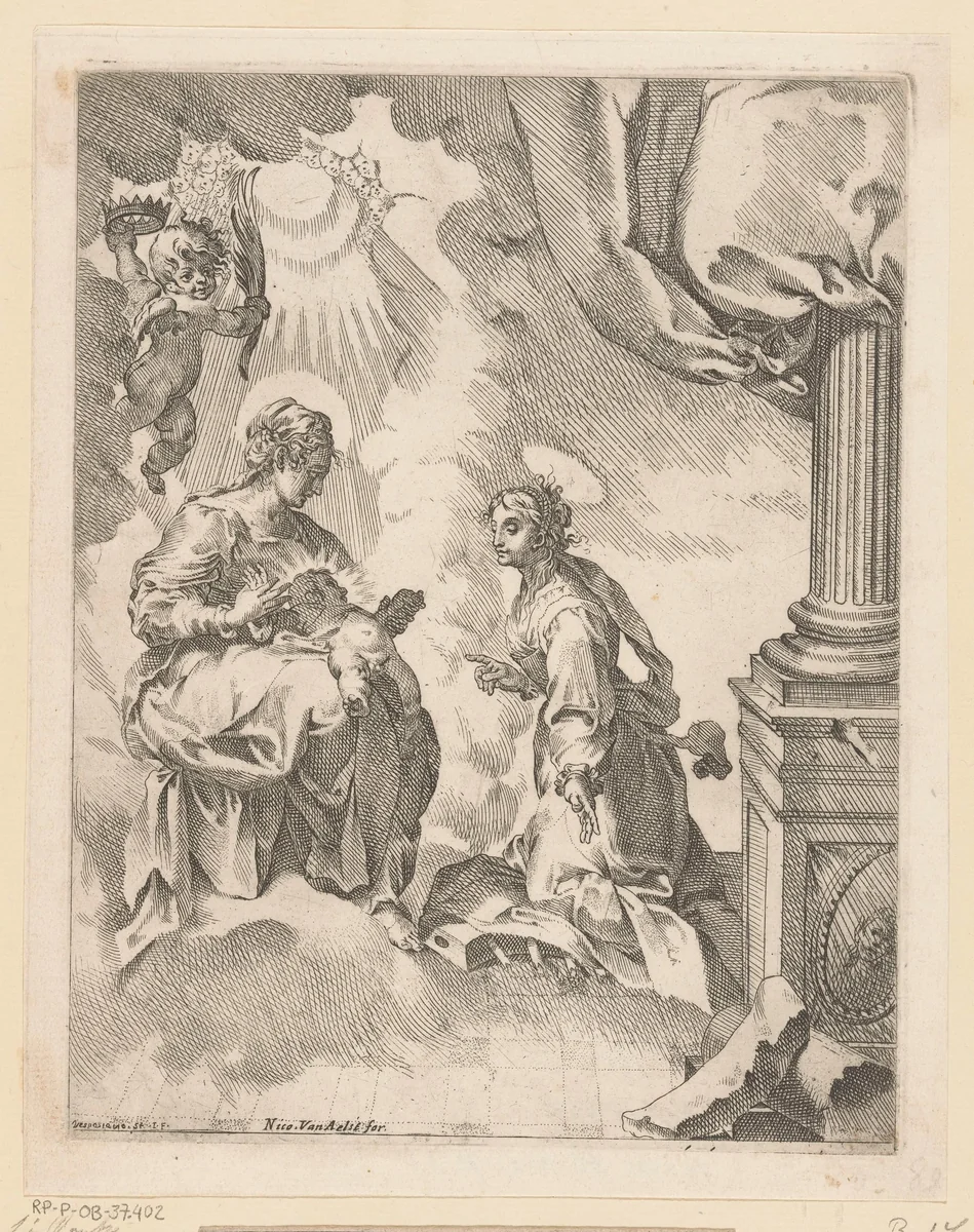 Maria met Kind en Catharina van Alexandrië by Unknown, print, 1592-1613