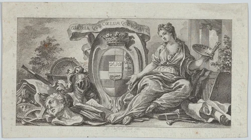 Vignette with shield of arms and an allegory for the Arts at right by Pierre Philippe Choffard, print, 1781