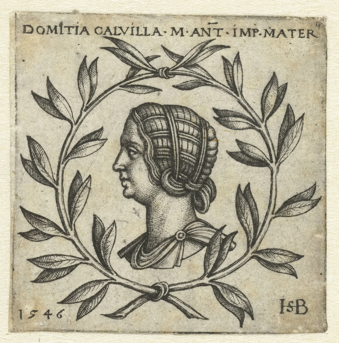 Borstbeeld van Domitia Calvilla in lauwerkrans by Unknown, print, 1546