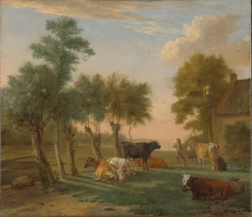 Cows in a Meadow near a Farm by Paulus Potter, painting, 1653