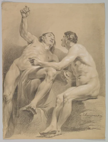 Two Male Nudes, One Seated and One Semi-reclining by Jakob Matthias Schmutzer, drawing, 1771