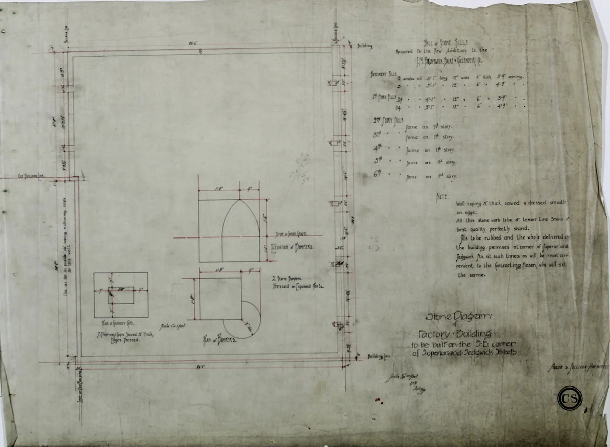 Brunswick Balke Collender Company Factory Building, Chicago, Illinois, Stone Specifications by Adler & Sullivan, drawing, 1890-1894