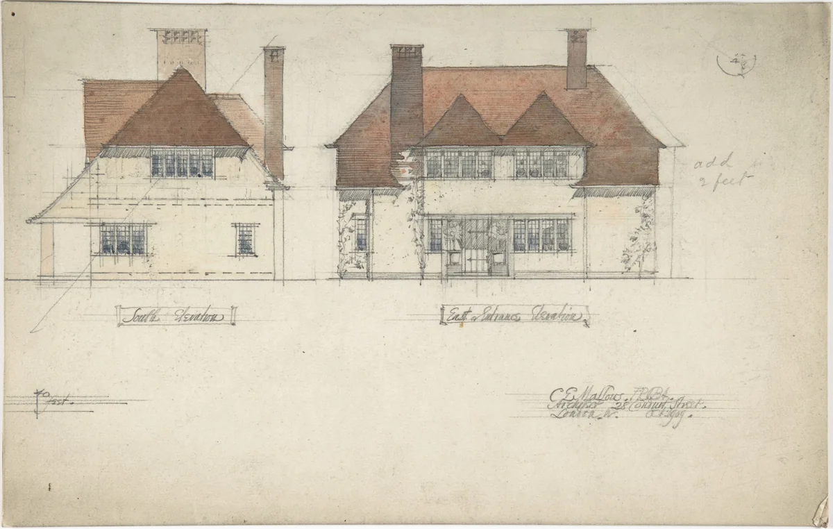 South Elevation and East or Entrance Elevation of a House by Charles Edward Mallows, drawing, 1909