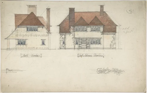 South Elevation and East or Entrance Elevation of a House by Charles Edward Mallows, drawing, 1909