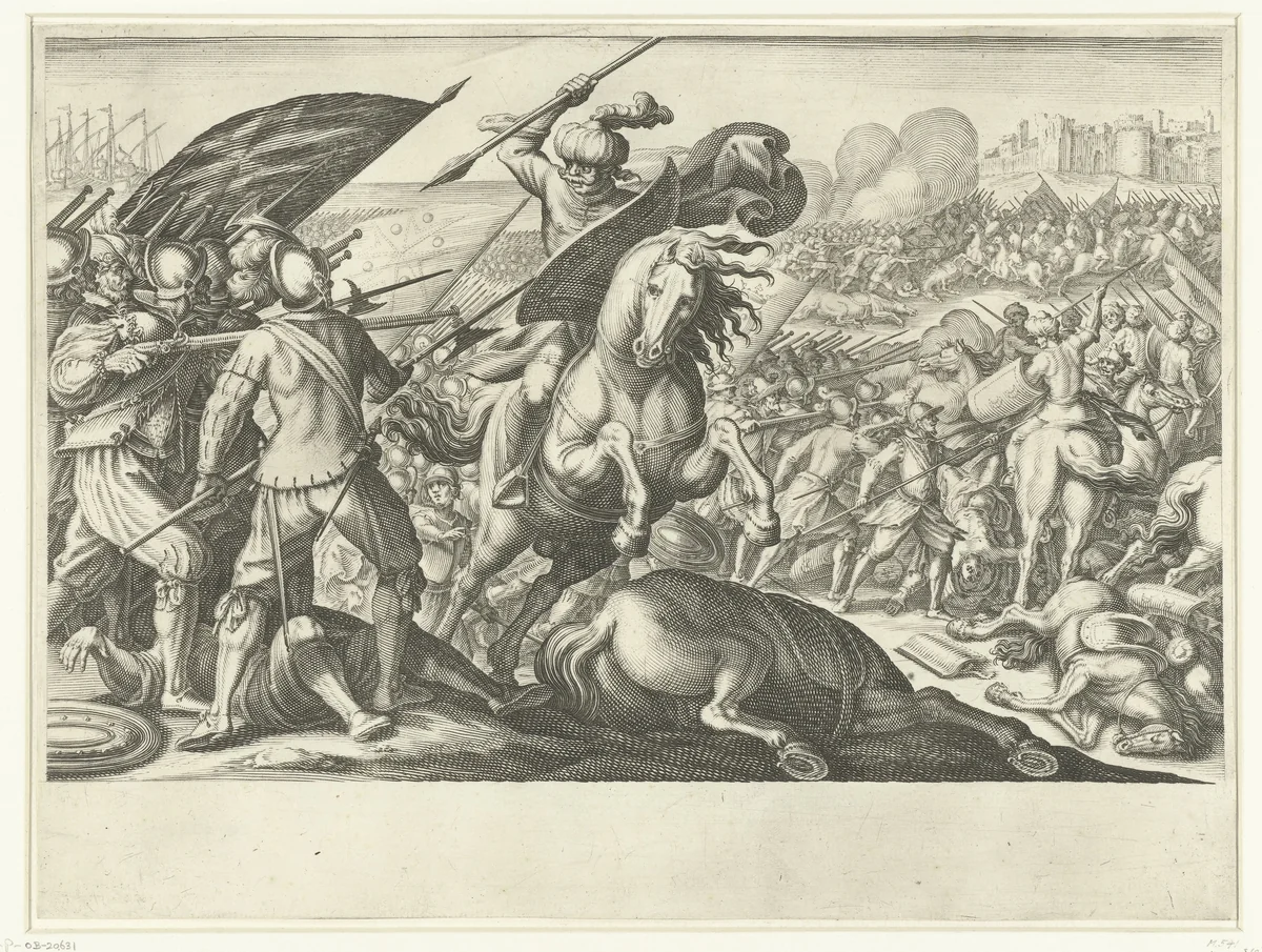De troepen van Ferdinando I de' Medici winnen de strijd tegen de Turkse cavalerie by Jacques Callot, print, 1614-1620