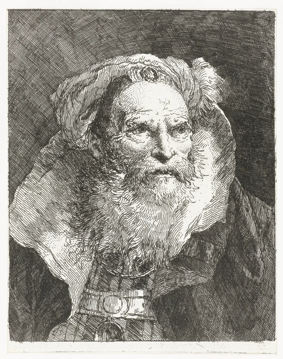 Man met tulband en hoog opstaande kraag by Giovanni Domenico Tiepolo, print, 1757-1758