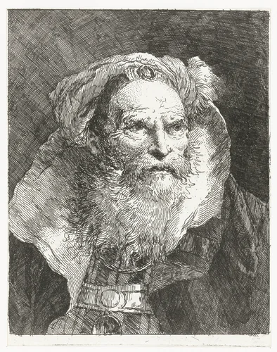 Man met tulband en hoog opstaande kraag by Giovanni Domenico Tiepolo, print, 1757-1758
