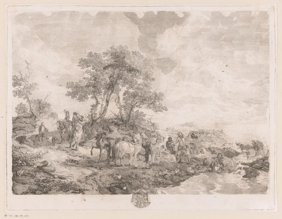 Rustend jachtgezelschap bij een beek by Jean Moyreau, print, 1739