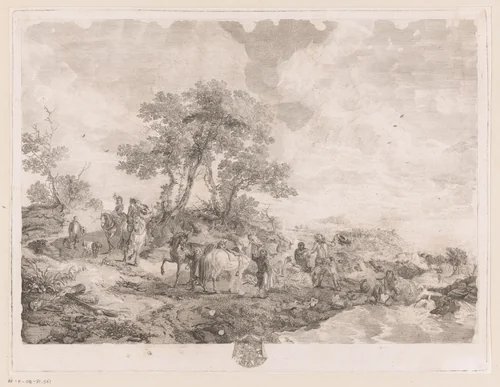 Rustend jachtgezelschap bij een beek by Jean Moyreau, print, 1739