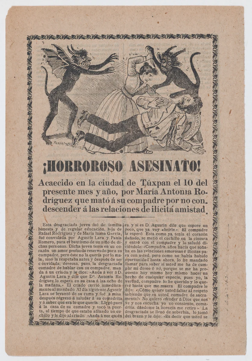 Broadsheet relating to the execution of Florencio Morales and Bernardo Mora who assassinated ex-President Barillas of Guatemala, a description in the bottom section by José Guadalupe Posada, print, 1902