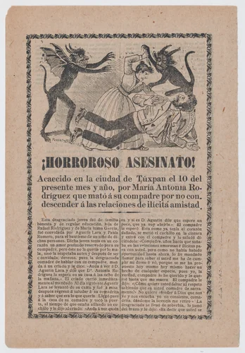 Broadsheet relating to the execution of Florencio Morales and Bernardo Mora who assassinated ex-President Barillas of Guatemala, a description in the bottom section by José Guadalupe Posada, print, 1902