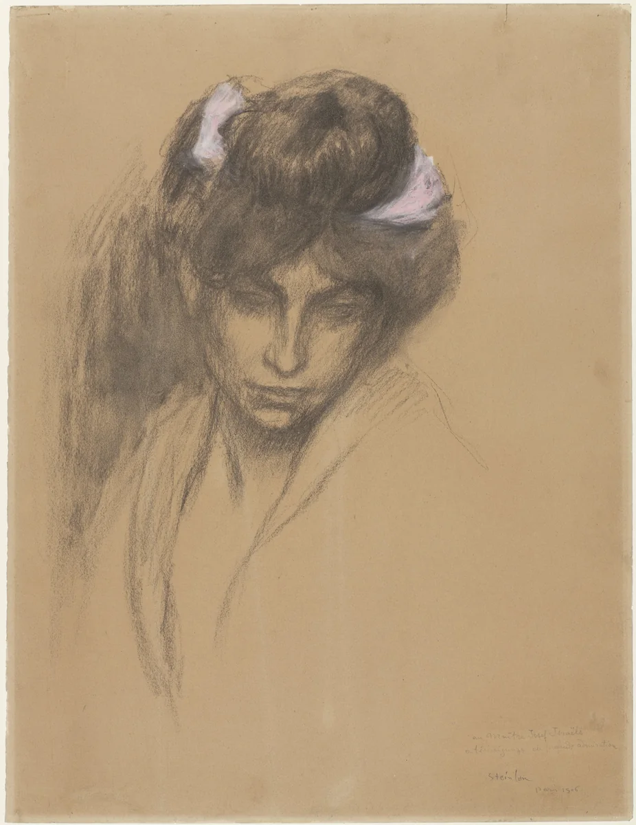 Donker meisjeskopje, naar voren neerziend, met een paars lint in het haar gewonden by Théophile Alexandre Steinlen, drawing, 1906