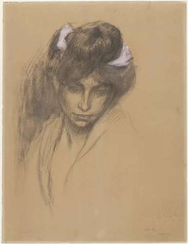 Donker meisjeskopje, naar voren neerziend, met een paars lint in het haar gewonden by Théophile Alexandre Steinlen, drawing, 1906