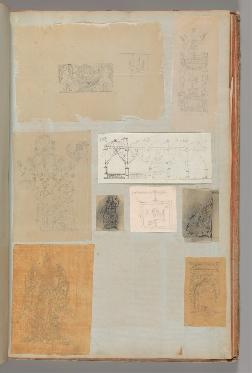 Page from a Scrapbook containing Drawings and Several Prints of Architecture, Interiors, Furniture and Other Objects by Charles Percier, book, 1795-1805