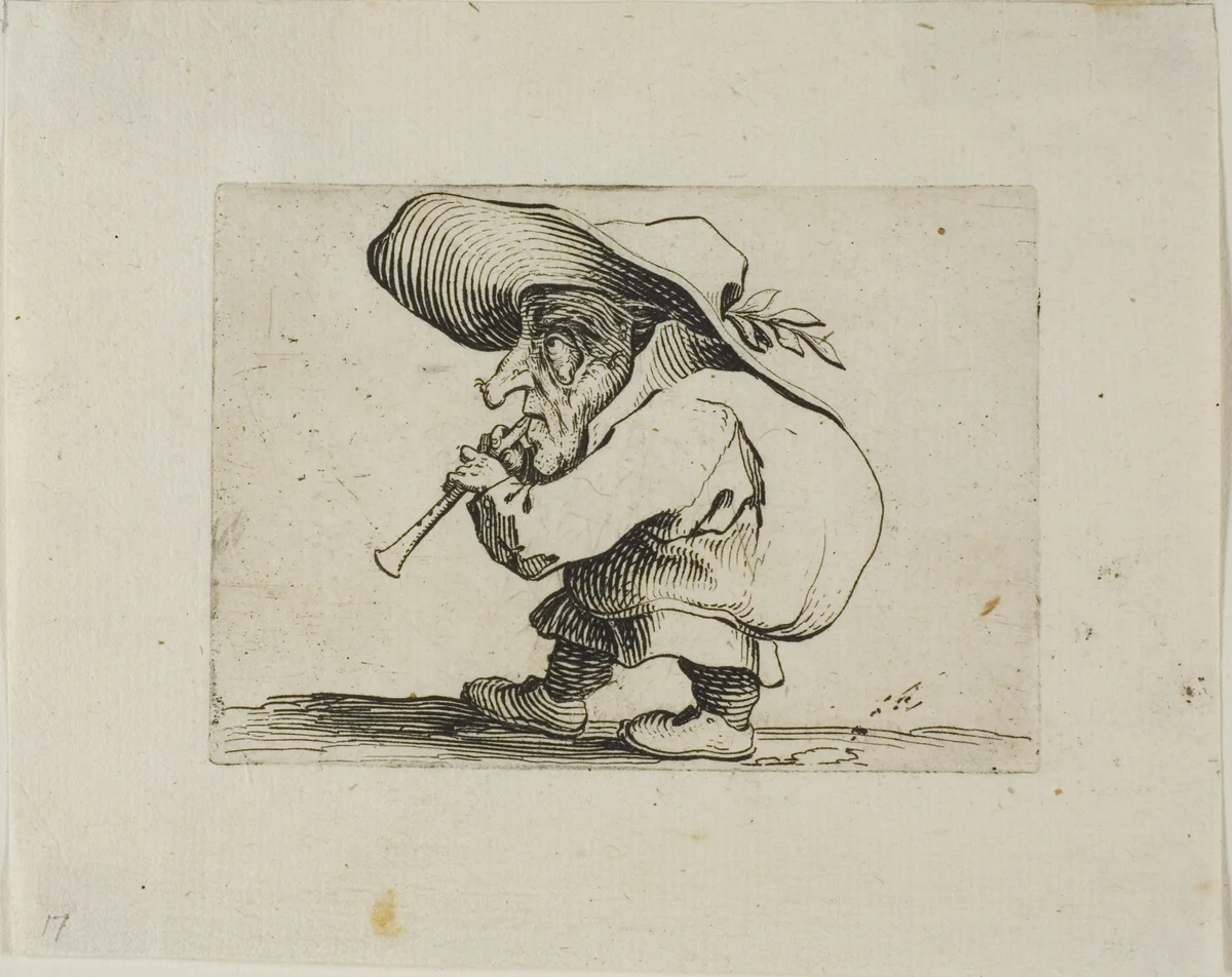 Flageolet Player, from Varie Figure Gobbi by Jacques Callot, print, 1616