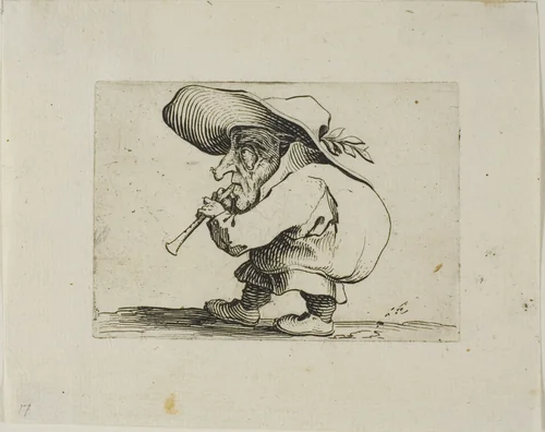 Flageolet Player, from Varie Figure Gobbi by Jacques Callot, print, 1616