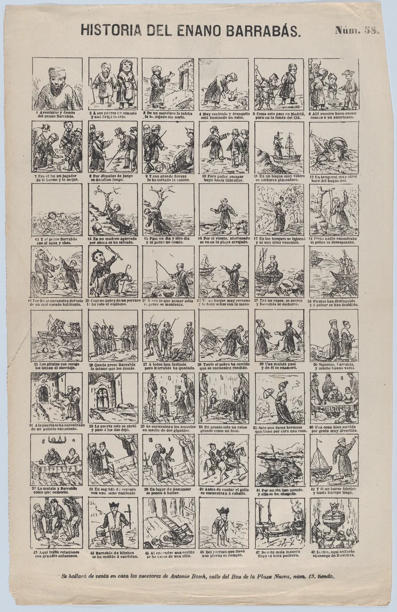 Broadside with 48 scenes depicting the story of the Dwarf Barrabás by Antonio Bosch, print, 1855-1875
