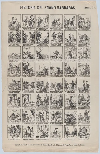 Broadside with 48 scenes depicting the story of the Dwarf Barrabás by Antonio Bosch, print, 1855-1875