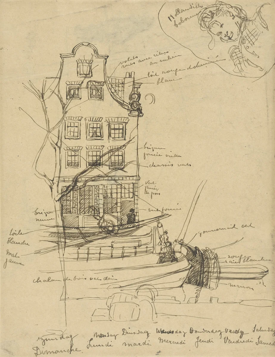 Gezicht op een Amsterdamse gevel, met ervoor in de gracht enige schuiten; bovenaan een vrouwenportretje by Angèle Delasalle, drawing, 1877-1938
