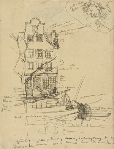 Gezicht op een Amsterdamse gevel, met ervoor in de gracht enige schuiten; bovenaan een vrouwenportretje by Angèle Delasalle, drawing, 1877-1938