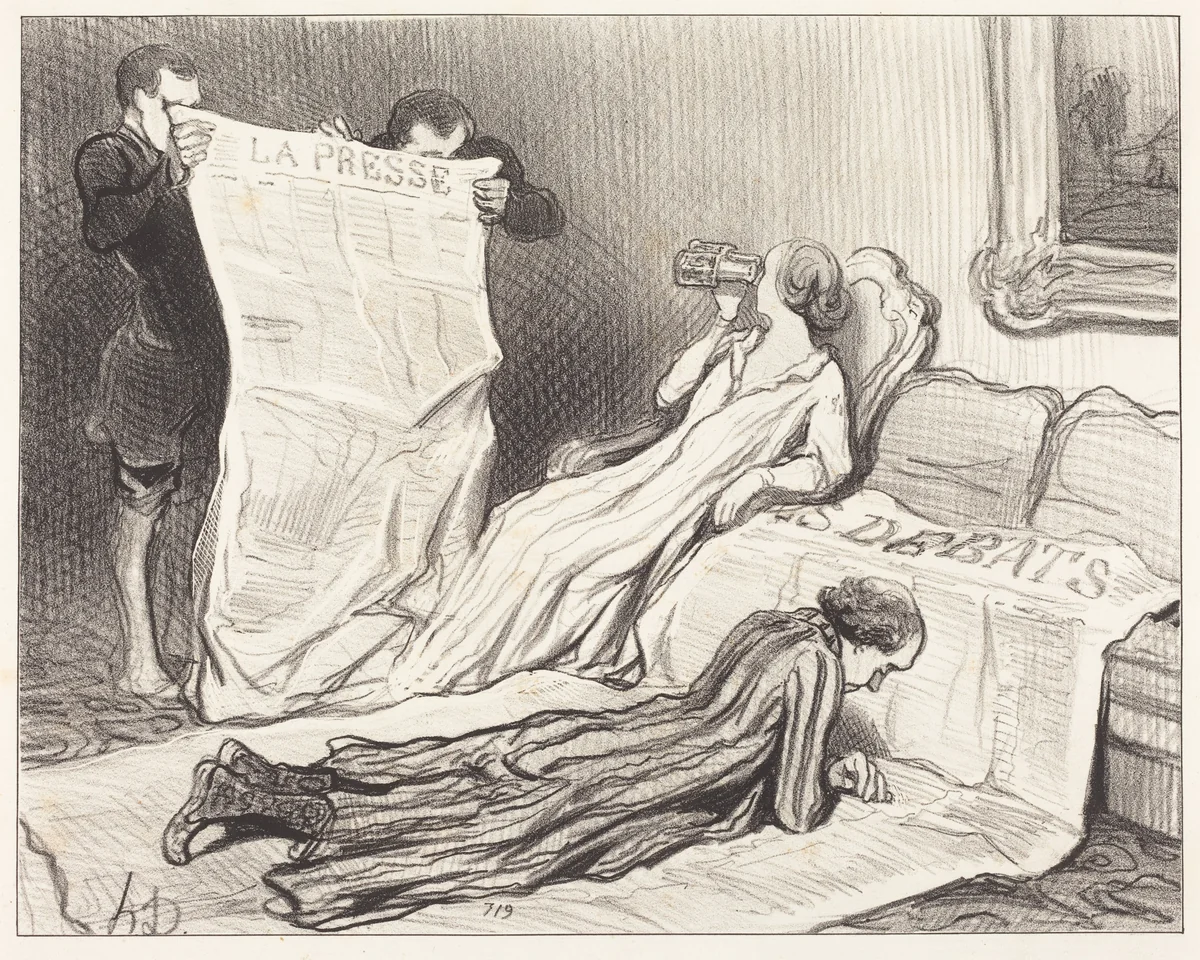 Abonnés recevant leur journal... by Honoré Daumier, print, 1845