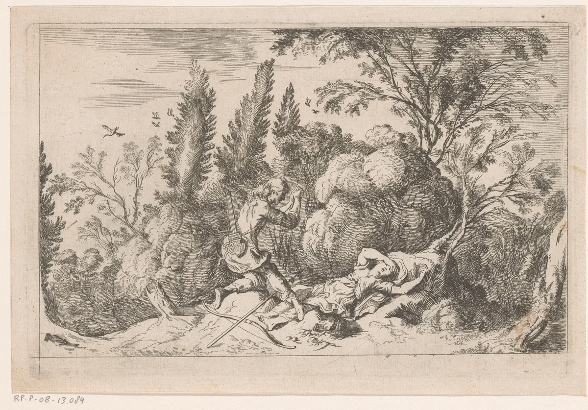 Cephalus treurt om de dood van Procris by anonymous, print, 1639-1700