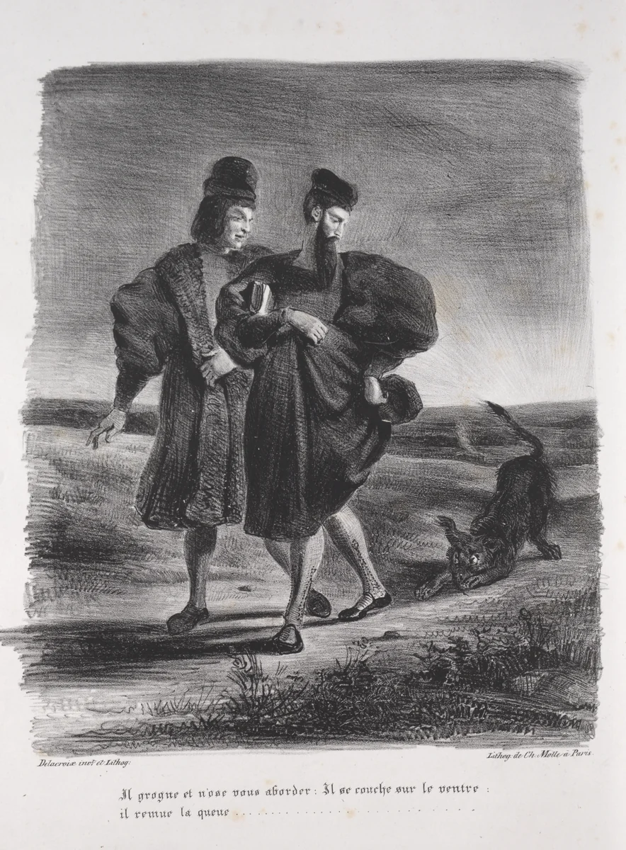 Illustrations for Faust: Faust, Méphistophélé and the barbet by Eugène Delacroix, print, 1828