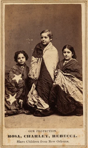 Our Protection. Rosa, Charley, Rebecca. Slave Children from New Orleans. by Charles Paxson, photograph, 1864