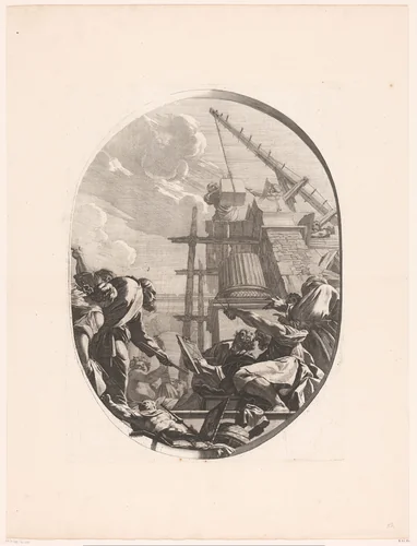 Architecten en kunstenaars werken aan de bouw van een paleis by Michel Dorigny, print, 1640