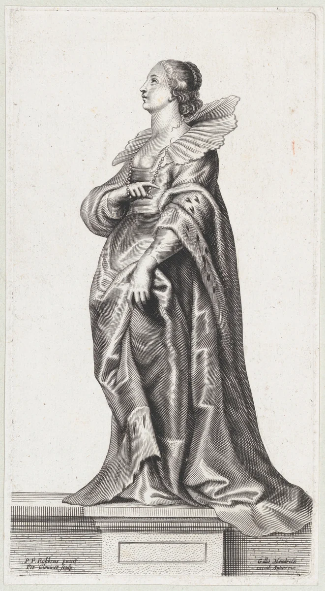 A woman standing on a pedestal, wearing a fur-trimmed coat and ruff by Peeter Clouwet, print, 1635-1675