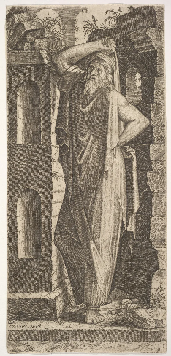 St. Philip(?), standing with his left hand on his hip and his right hand resting on his head, from "Christ and the Twelve Apostles" by Lambert Suavius, print, 1545