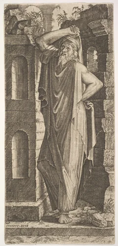 St. Philip(?), standing with his left hand on his hip and his right hand resting on his head, from "Christ and the Twelve Apostles" by Lambert Suavius, print, 1545