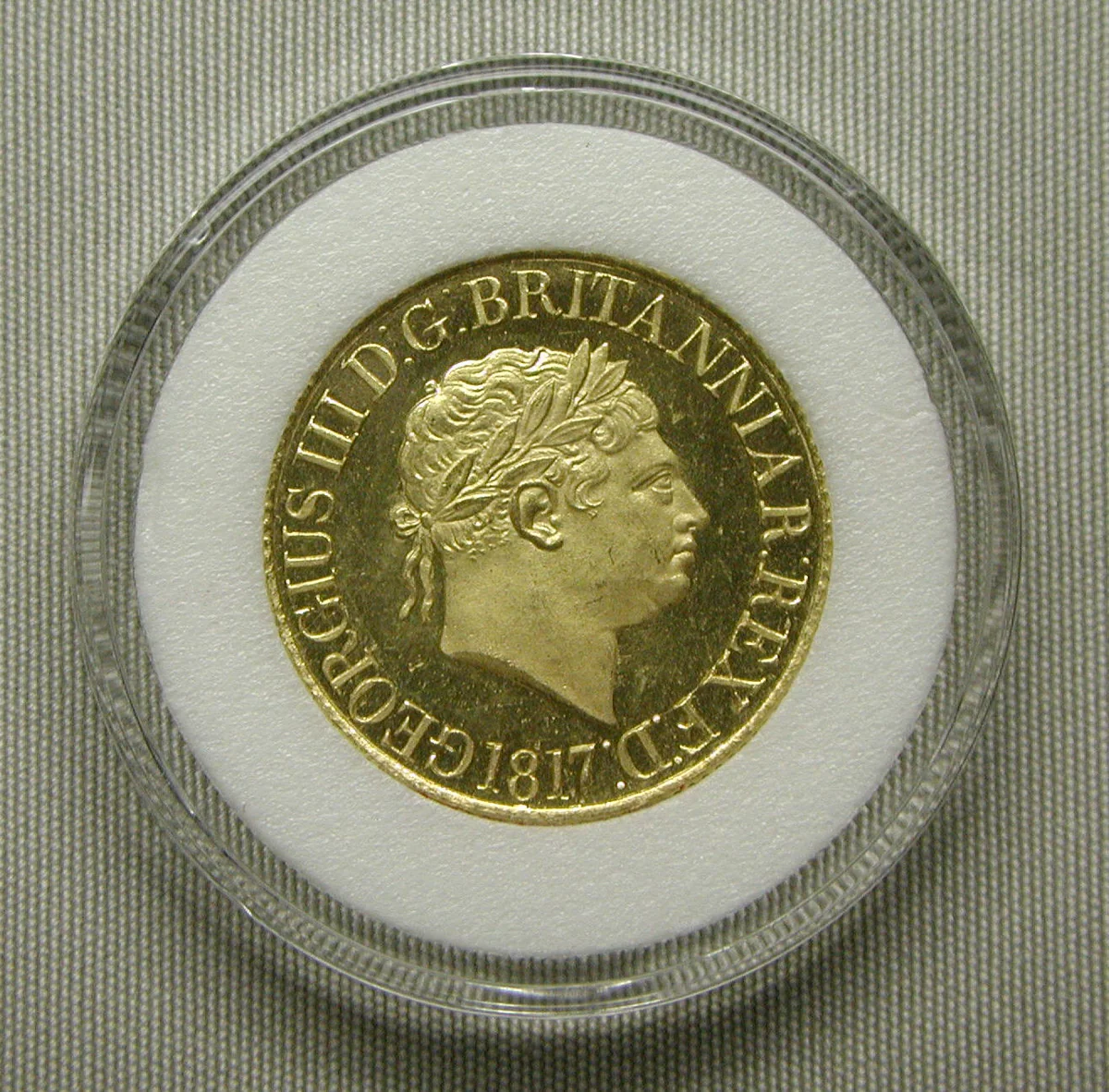 Proof sovereign of George III by Benedetto Pistrucci, metalwork, 1817