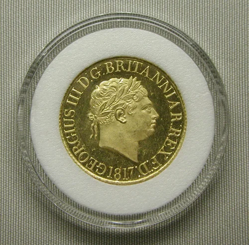 Proof sovereign of George III by Benedetto Pistrucci, metalwork, 1817