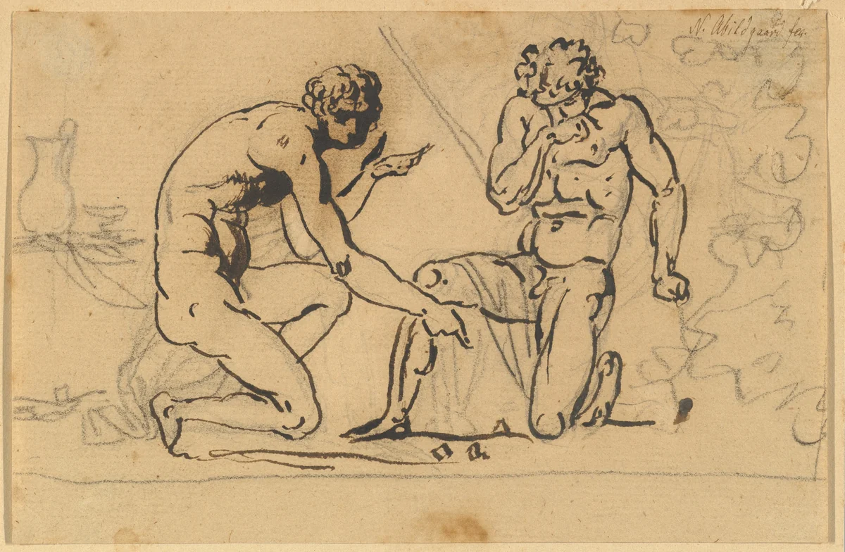 Two Nude Men Playing with Dice by Nicolai Abraham Abildgaard, drawing, 1763-1809