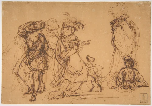 Five Figures in Fantastic Costumes with Two Dogs by Salvator Rosa, drawing, 1615-1673