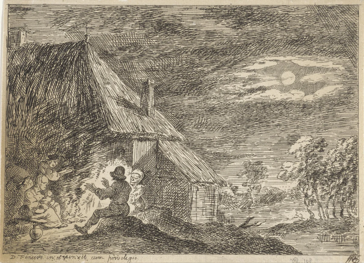 Nachtscène, mensen bij het open vuur by anonymous, print, 1700-1799