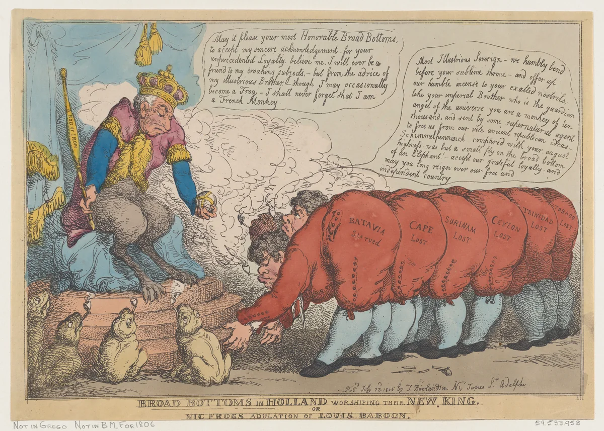 Broad Bottoms in Holland Worshiping Their New King by Thomas Rowlandson, print, 1806