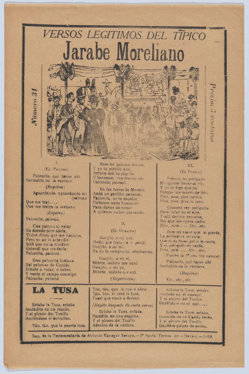 Broadsheet with songs for a Mexican courtship dance called the 'Jarabe Moreliano', a crowd of people and muscians by José Guadalupe Posada, print, 1914-1924