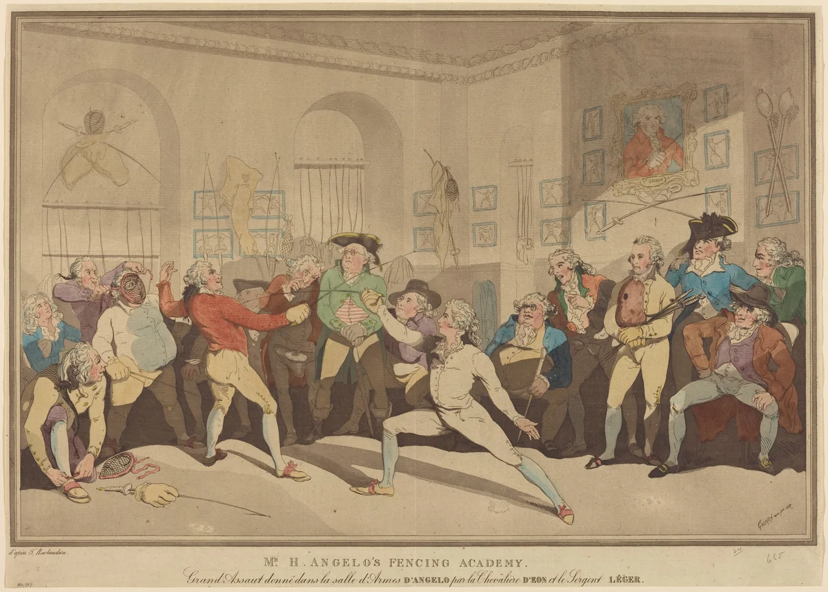 Mr. H. Angelo's Fencing Academy by Thomas Rowlandson, print, 1887